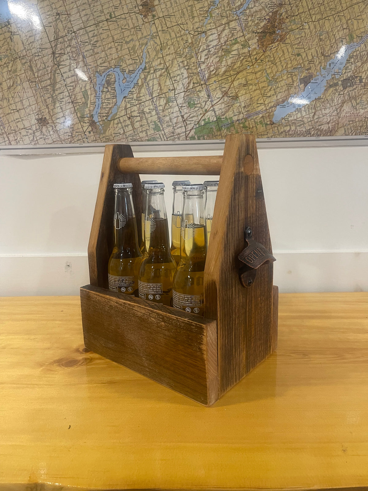 Tim's finished Burnt River Six-Pack Caddy holding six bottles