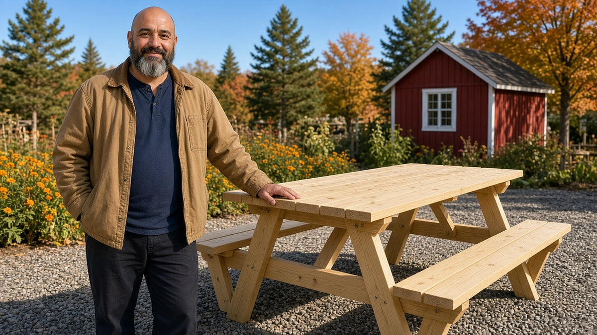 Smiling man beside a handmade pine picnic table in a sunny autumn yard