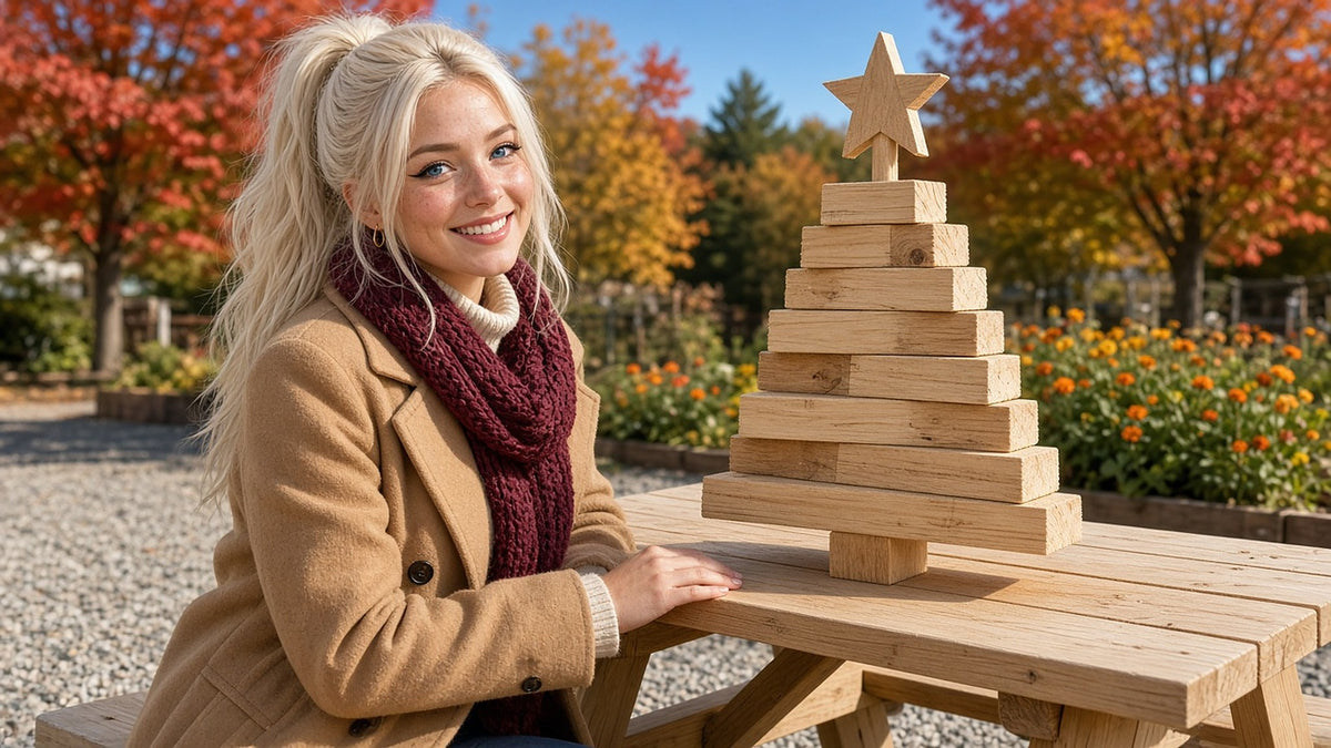 Smiling woman at a picnic table beside a small Christmas tree made from stacked 2x4s, autumn maples behind