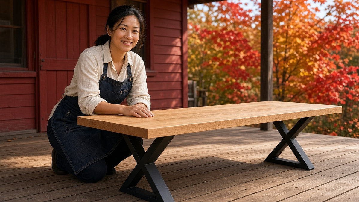 Smiling woman beside a live edge ash table with black steel legs on a cottage porch